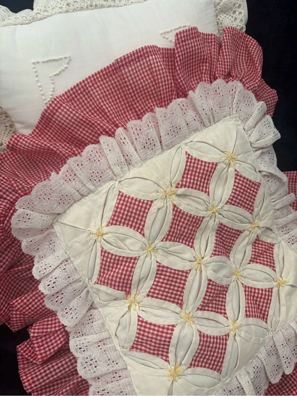 Rustic Primitive Farmhouse Red Gingham Pillow Vintage Ruffled Lace Final Sale